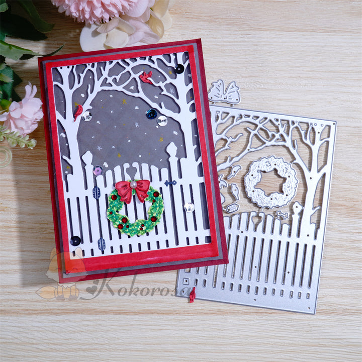Kokorosa Metal Cutting Dies with Christmas Fence Door and Tree Background Board