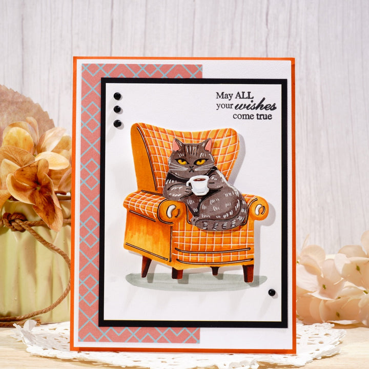 Kokorosa Metal Cutting Dies with Cat Drinking Coffee on the Sofa