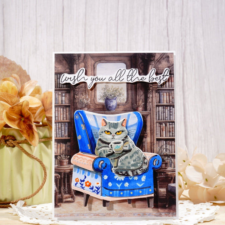 Kokorosa Metal Cutting Dies with Cat Drinking Coffee on the Sofa