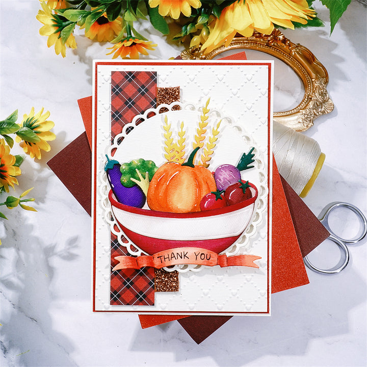 Kokorosa Metal Cutting Dies With A Basket of Vegetables