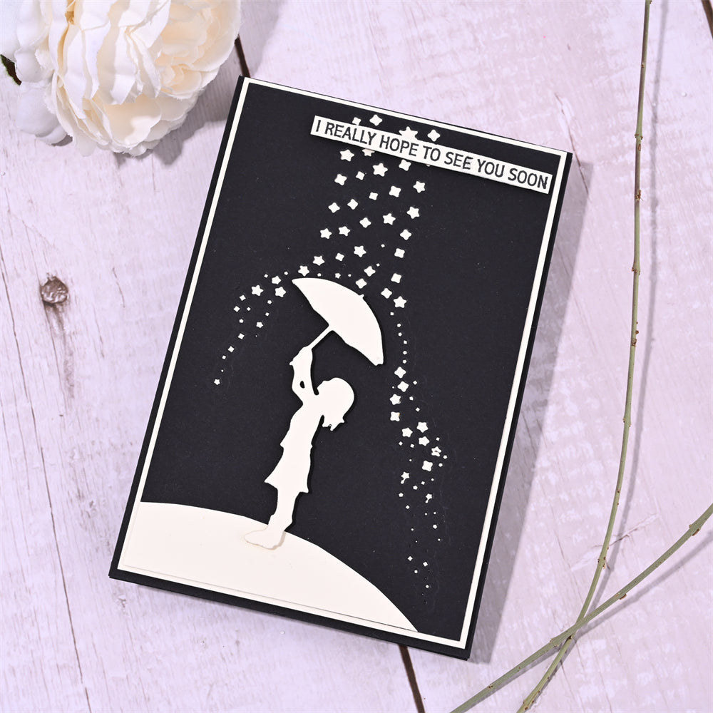 Kokorosa Metal Cutting Dies With a Child Holding an Umbrella in the Rain of Stars