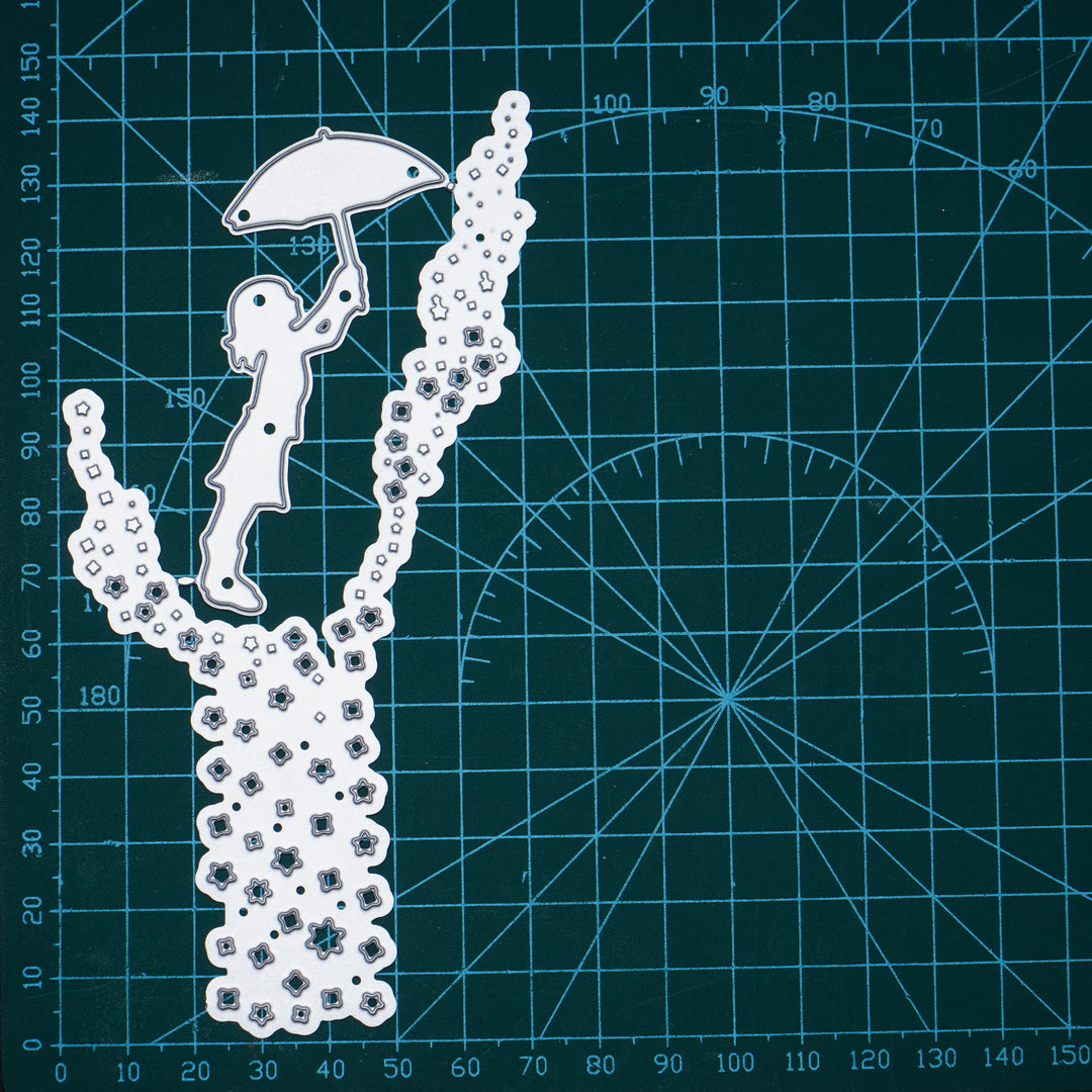 Kokorosa Metal Cutting Dies With a Child Holding an Umbrella in the Rain of Stars