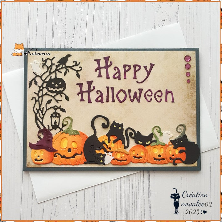 Kokorosa Metal Cutting Dies with Happy Halloween Word and Pumpkins Cats