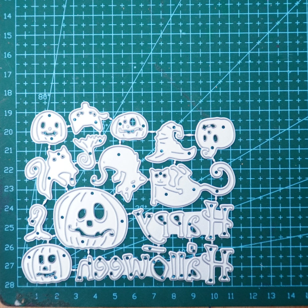 Kokorosa Metal Cutting Dies with Happy Halloween Word and Pumpkins Cats