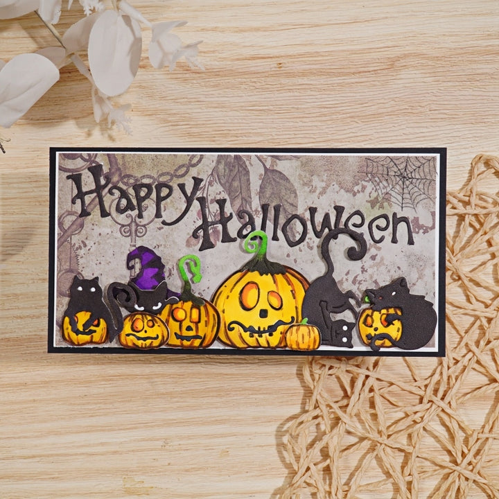 Kokorosa Metal Cutting Dies with Happy Halloween Word and Pumpkins Cats