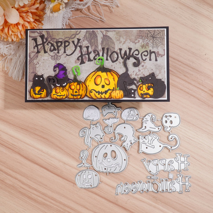 Kokorosa Metal Cutting Dies with Happy Halloween Word and Pumpkins Cats