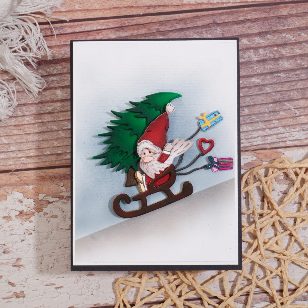 Kokorosa Metal Cutting Dies with Santa Claus Skiing and Carrying a Christmas Tree