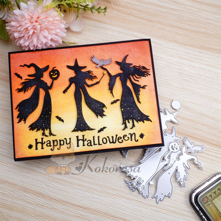 Kokorosa Metal Cutting Dies with 3 Witches & "HAPPY HALLOWEEN" Word