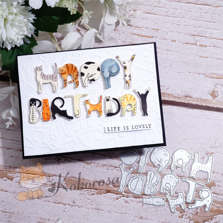 Kokorosa Metal Cutting Dies with Yoga Cats "HAPPY BIRTHDAY" Words