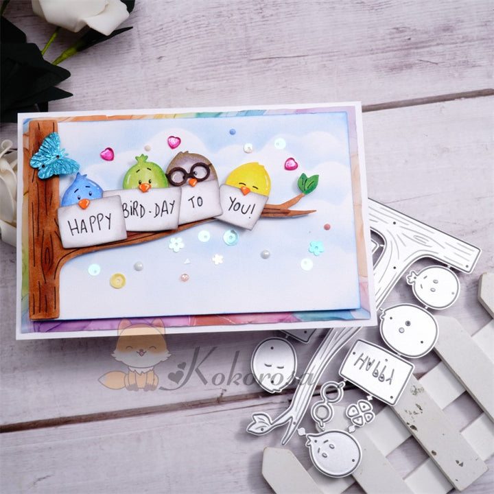 Kokorosa Metal Cutting Dies with Birds on Tree Holding "HAPPY BIRD-DAY TO YOU"