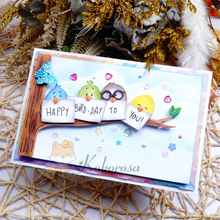 Kokorosa Metal Cutting Dies with Birds on Tree Holding "HAPPY BIRD-DAY TO YOU"