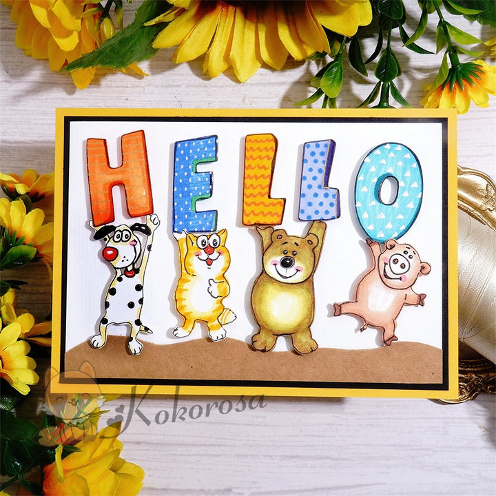 Kokorosa Metal Cutting Dies with Cute Animals Holding "HELLO"