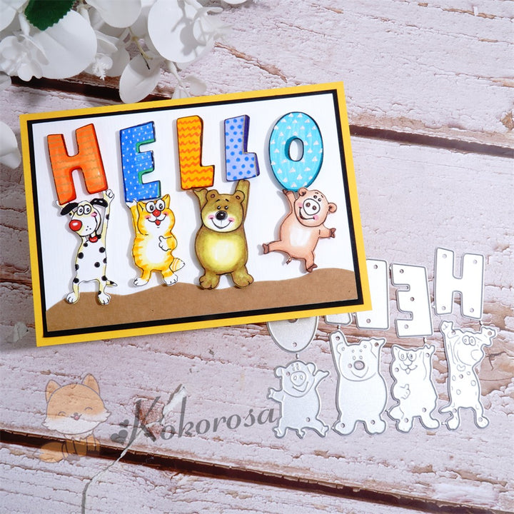 Kokorosa Metal Cutting Dies with Cute Animals Holding "HELLO"