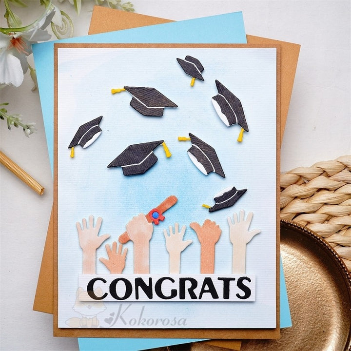 Kokorosa Metal Cutting Dies with Graduation Caps Raising Arms & "CONGRATS" Word