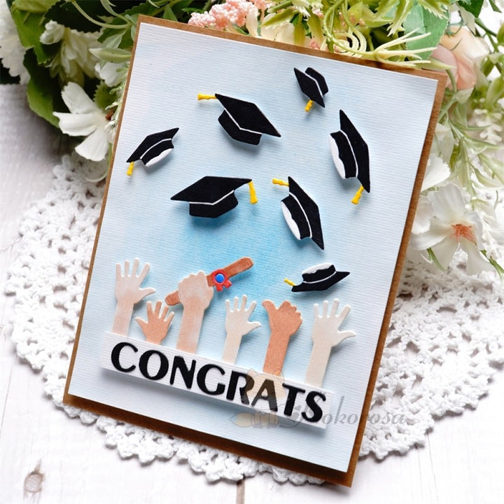Kokorosa Metal Cutting Dies with Graduation Caps Raising Arms & "CONGRATS" Word