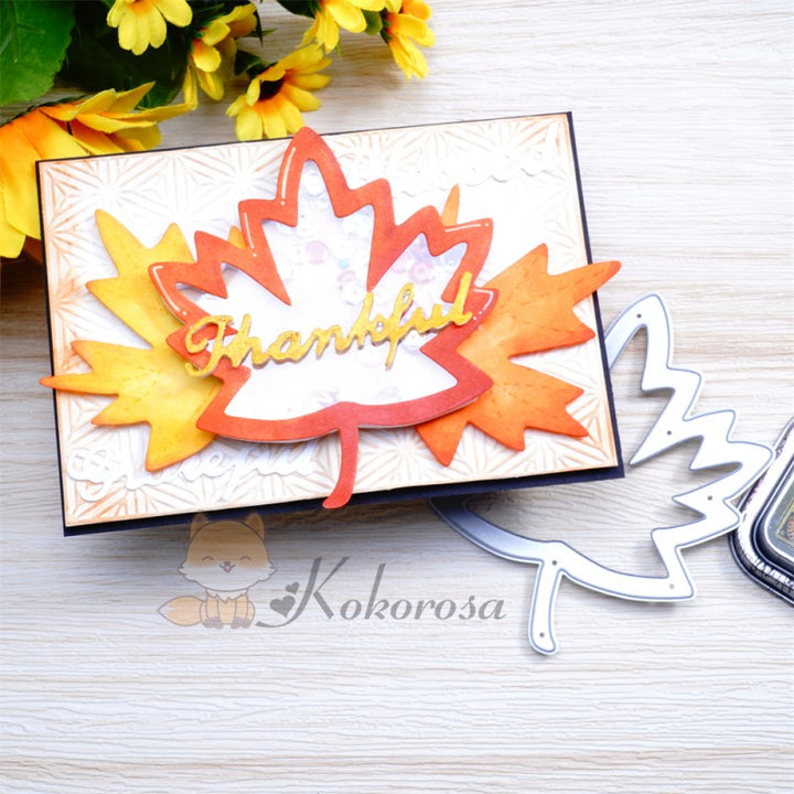 Kokorosa Metal Cutting Dies with Hollow Maple Leaf & "Thankful, Grateful, Blessed" Words