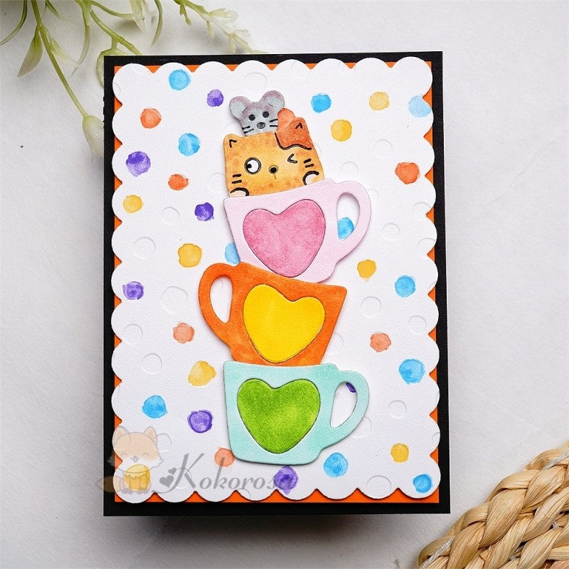 Kokorosa Metal Cutting Dies with Mouse & Cat in Stacked Mugs