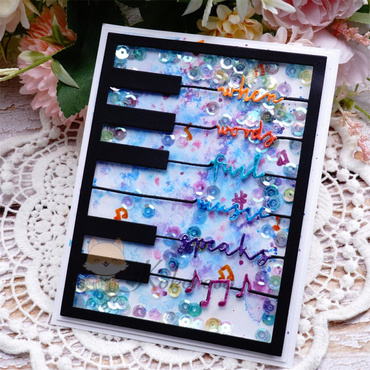 Kokorosa Metal Cutting Dies with Piano Background Board & "when words fail music speaks" Word