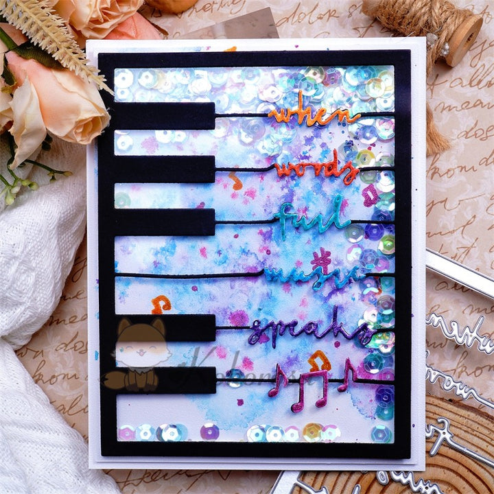 Kokorosa Metal Cutting Dies with Piano Background Board & "when words fail music speaks" Word