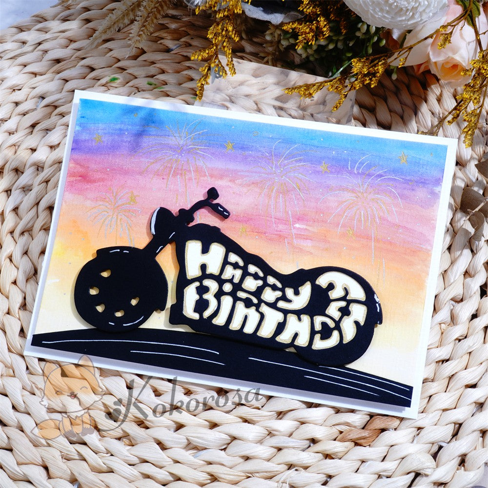 Kokorosa Metal Cutting Dies with Motorcycle Theme "HAPPY BIRTHDAY"