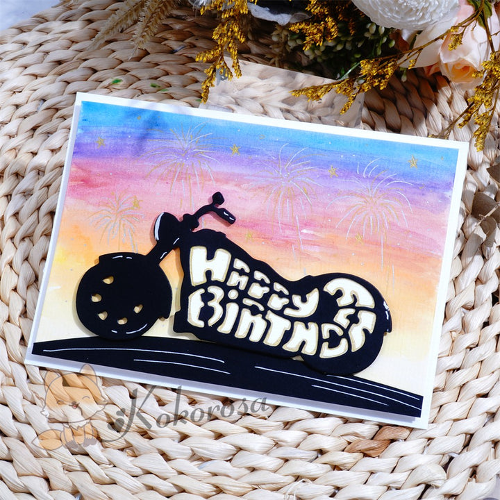 Kokorosa Metal Cutting Dies with Motorcycle Theme "HAPPY BIRTHDAY"