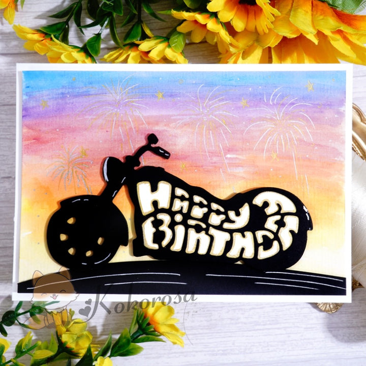 Kokorosa Metal Cutting Dies with Motorcycle Theme "HAPPY BIRTHDAY"