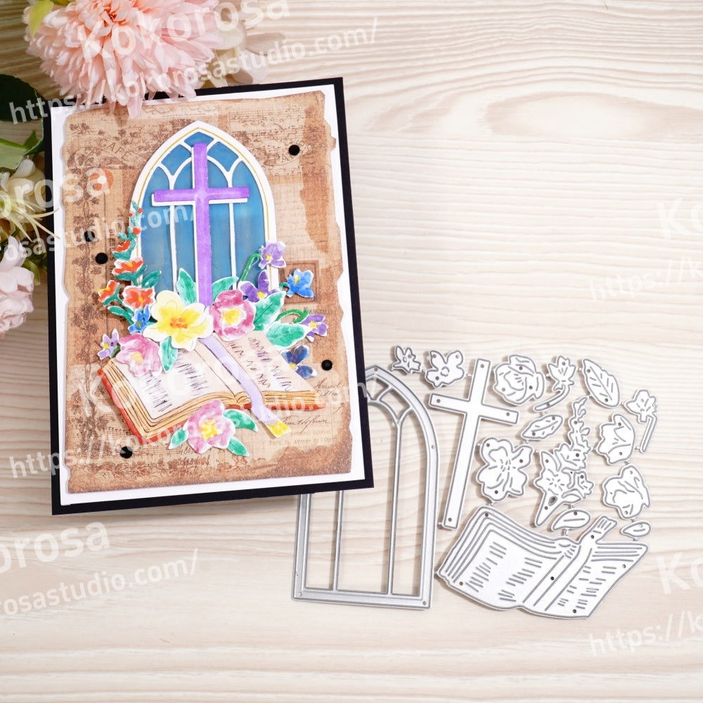 Kokorosa Metal Cutting Dies with Flower Book Window and Cross