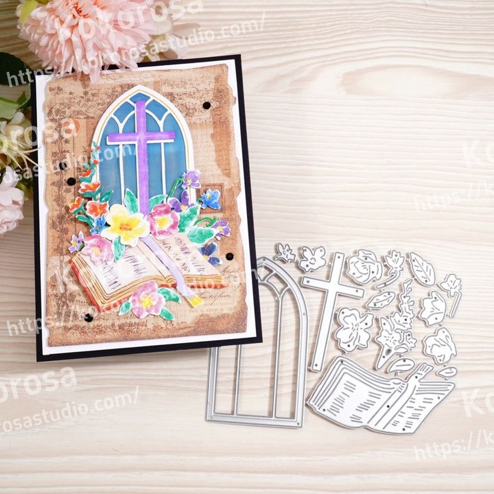 Kokorosa Metal Cutting Dies with Flower Book Window and Cross