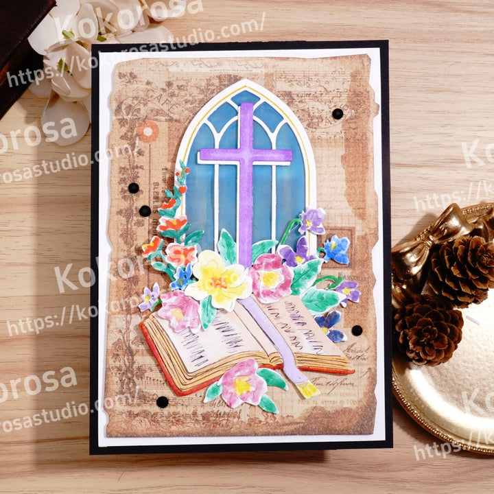 Kokorosa Metal Cutting Dies with Flower Book Window and Cross