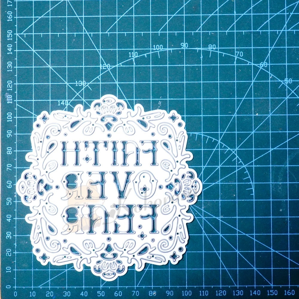 Kokorosa Metal Cutting Dies with FAITH OVER FEAR Background Board