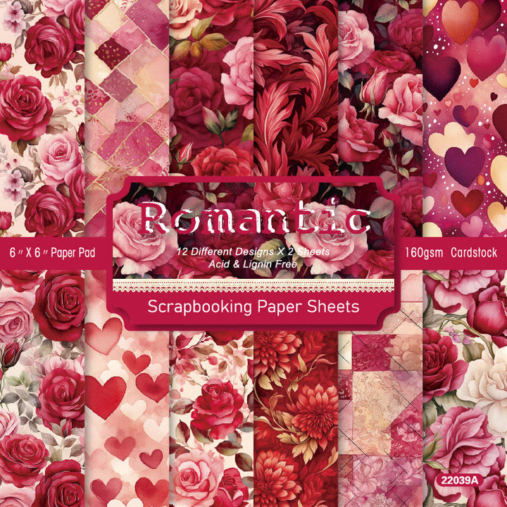 KOKOROSA 24PCS 6" Romantic Roses Scrapbook & Cardstock Paper