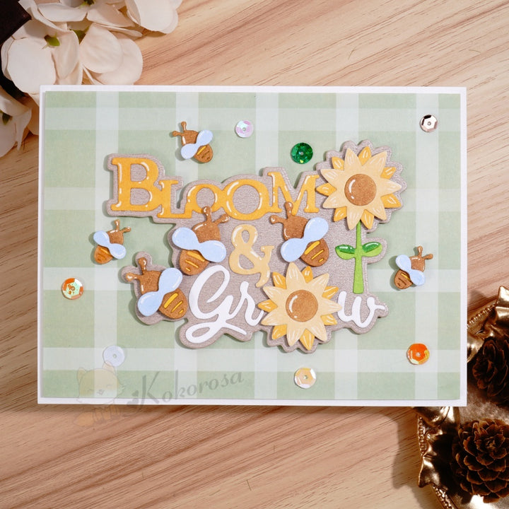 Kokorosa Metal Cutting Dies with 'Bloom & Grow' Word Flowers and Bees