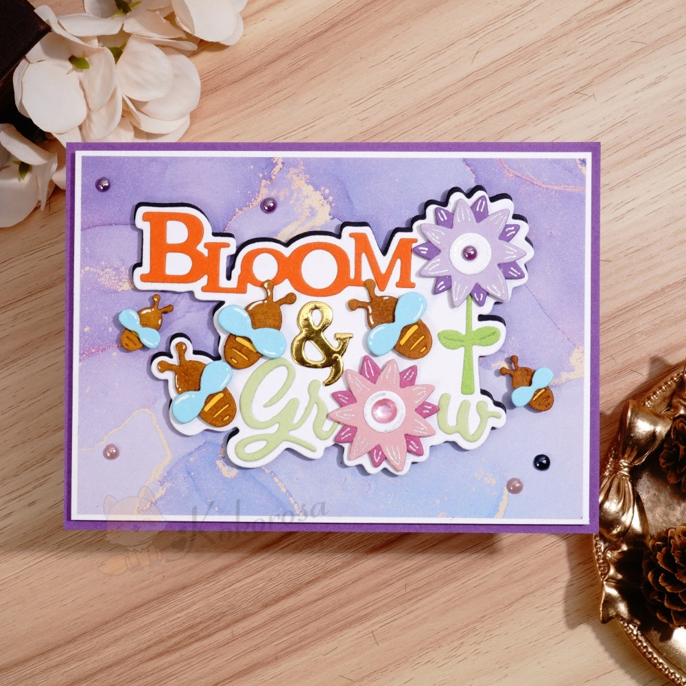 Kokorosa Metal Cutting Dies with 'Bloom & Grow' Word Flowers and Bees