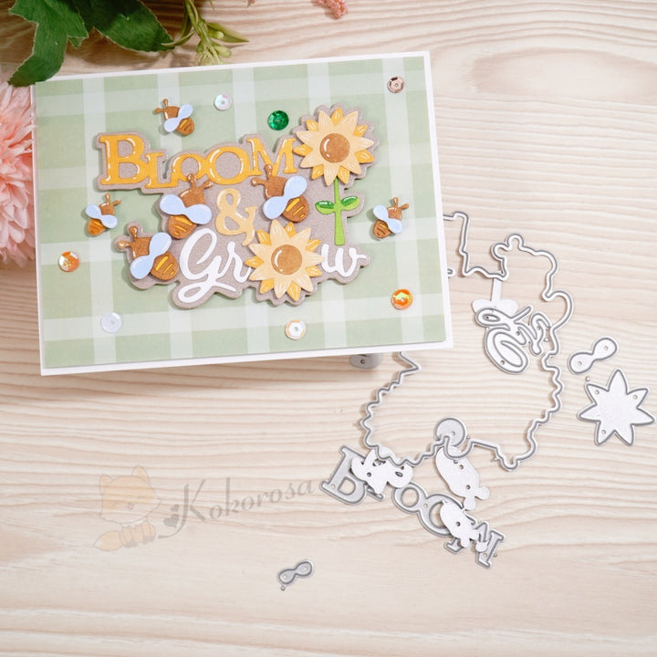 Kokorosa Metal Cutting Dies with 'Bloom & Grow' Word Flowers and Bees