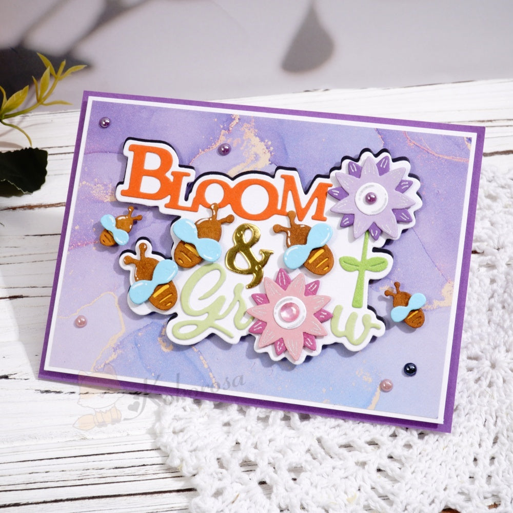 Kokorosa Metal Cutting Dies with 'Bloom & Grow' Word Flowers and Bees