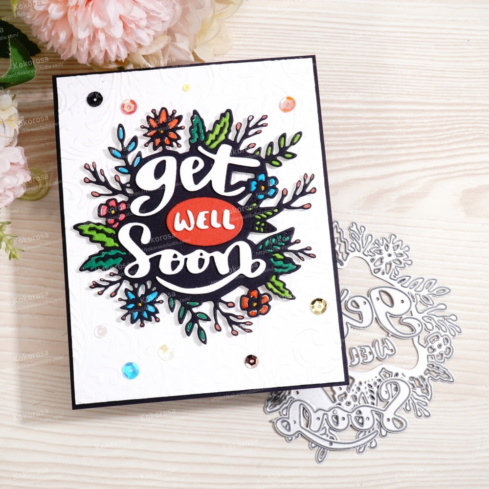 Kokorosa Metal Cutting Dies with Get Well Soon Word and Flowers Lace