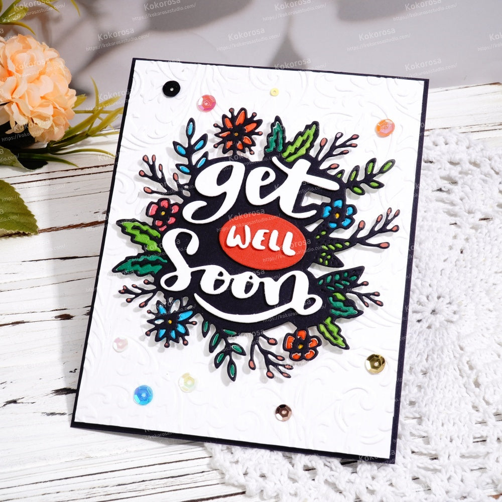 Kokorosa Metal Cutting Dies with Get Well Soon Word and Flowers Lace