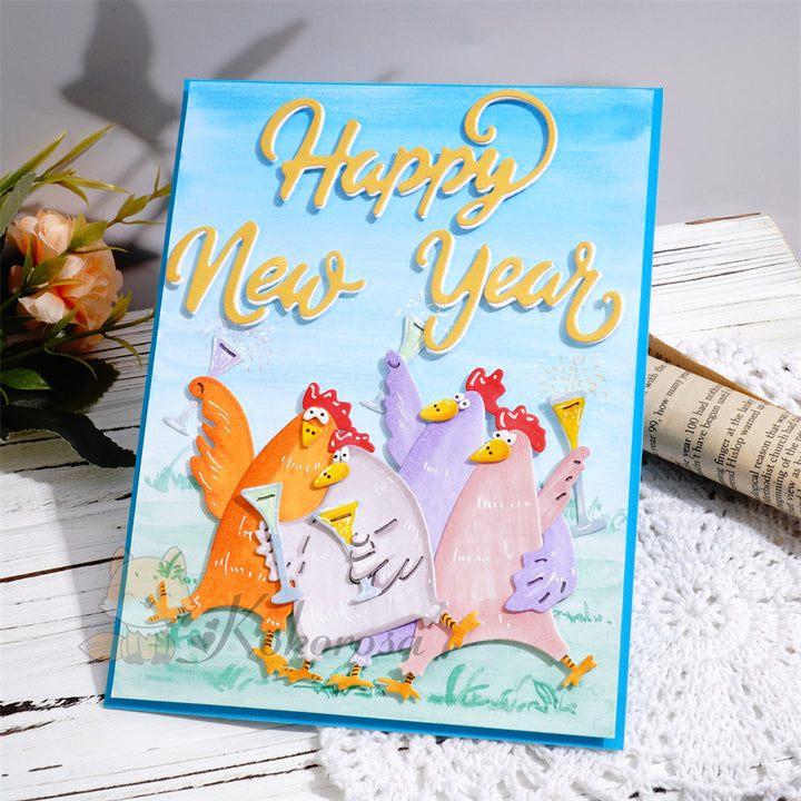 Kokorosa Metal Cutting Dies with Cheering Chicken and 'Happy New Year' Words