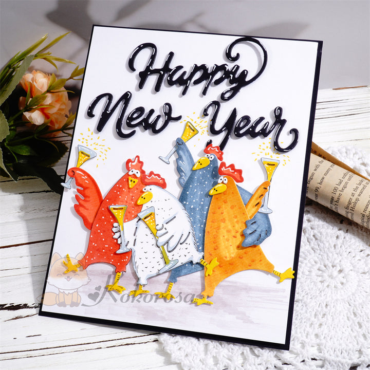 Kokorosa Metal Cutting Dies with Cheering Chicken and 'Happy New Year' Words