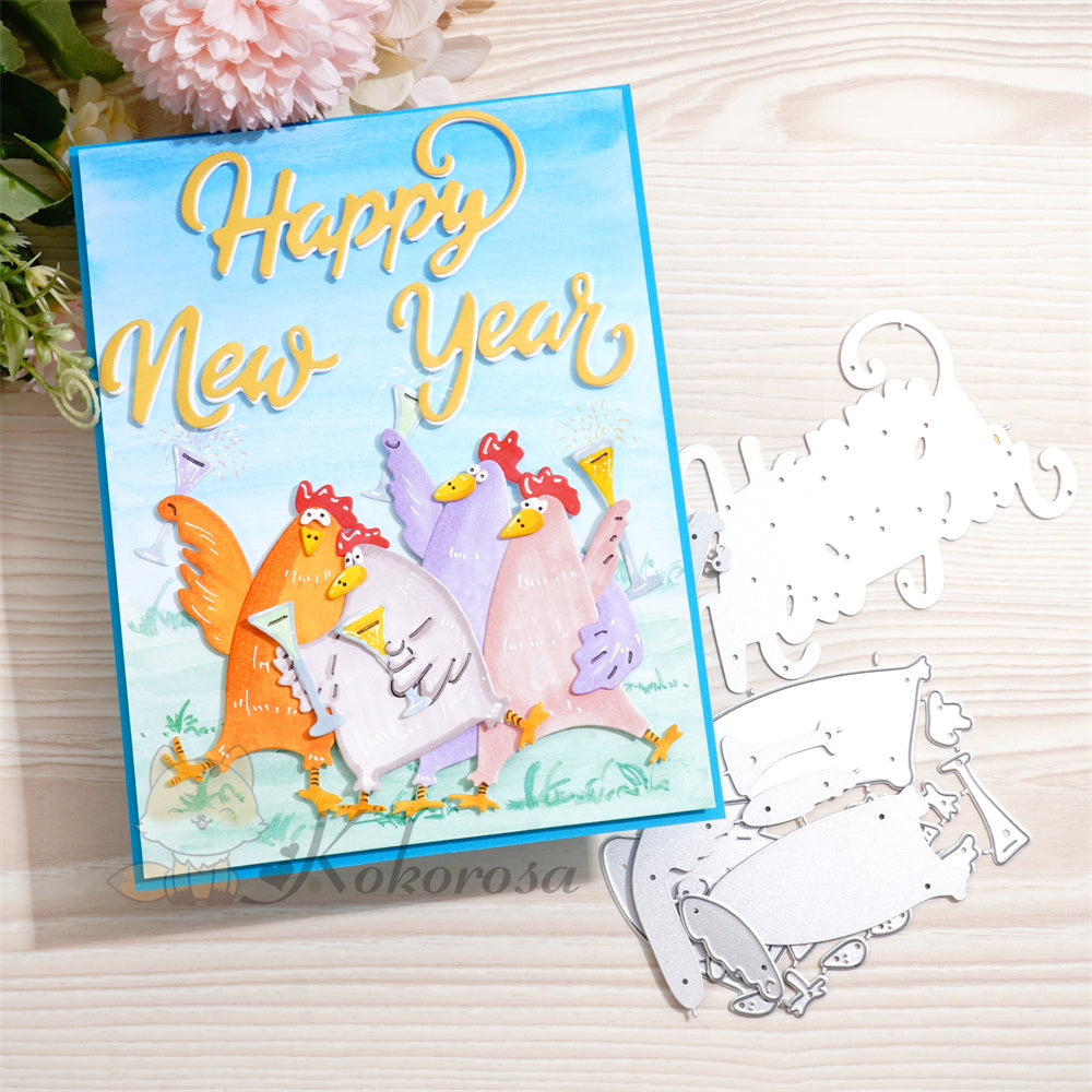 Kokorosa Metal Cutting Dies with Cheering Chicken and 'Happy New Year' Words