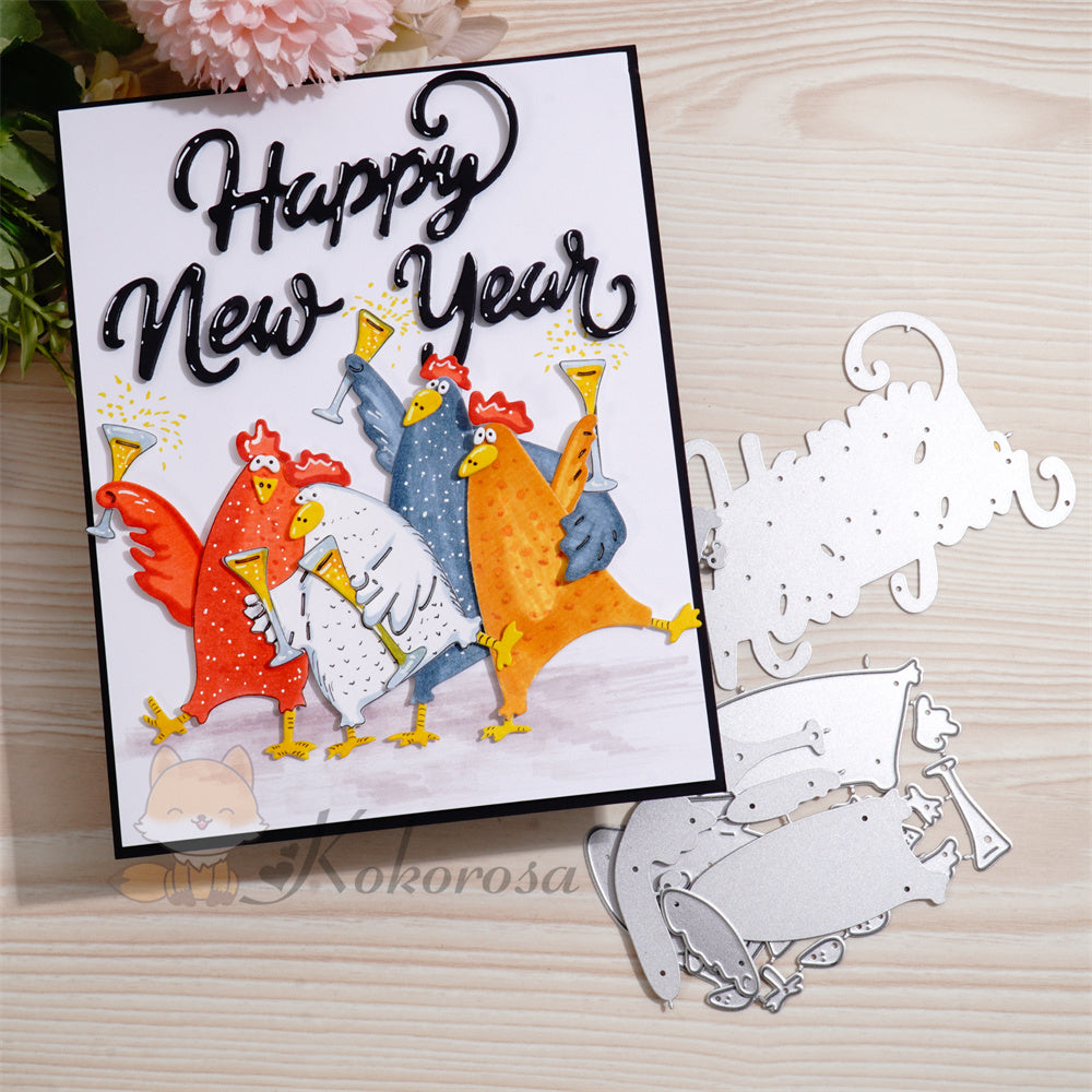 Kokorosa Metal Cutting Dies with Cheering Chicken and 'Happy New Year' Words