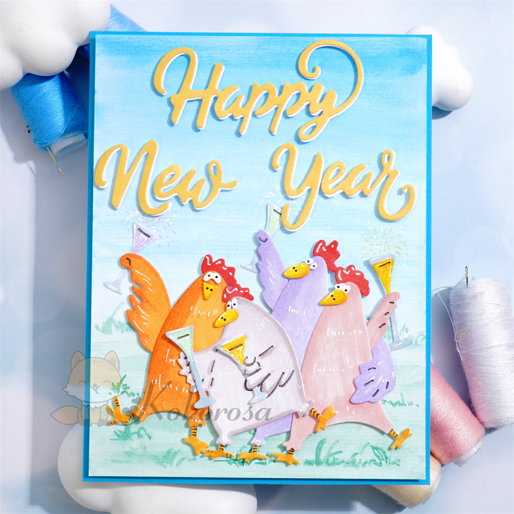 Kokorosa Metal Cutting Dies with Cheering Chicken and 'Happy New Year' Words