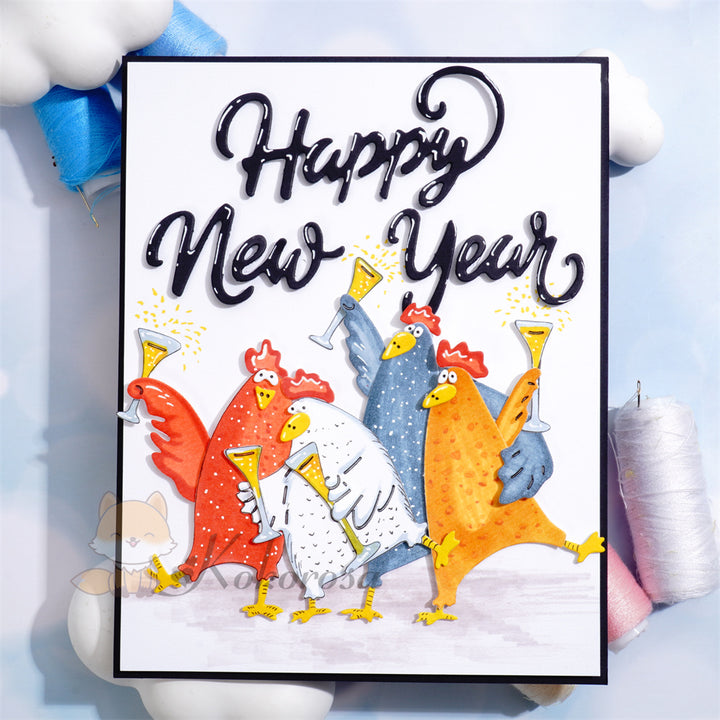 Kokorosa Metal Cutting Dies with Cheering Chicken and 'Happy New Year' Words