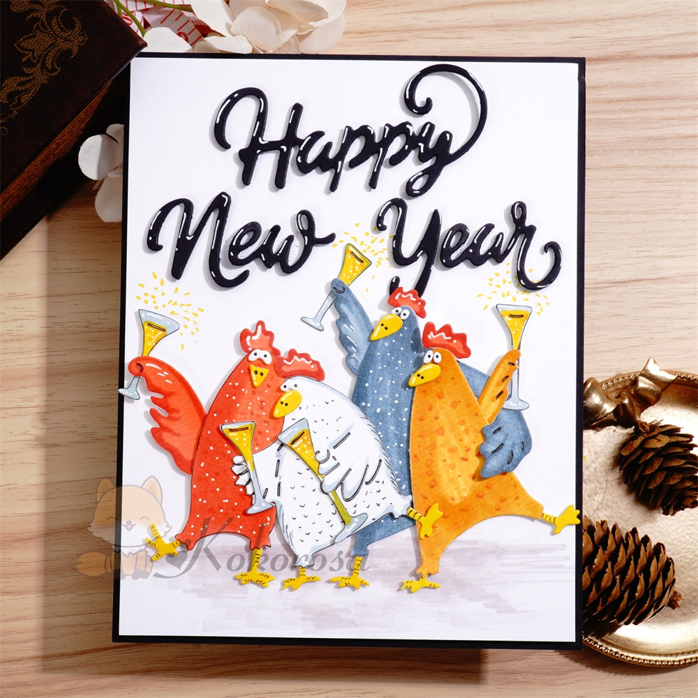 Kokorosa Metal Cutting Dies with Cheering Chicken and 'Happy New Year' Words