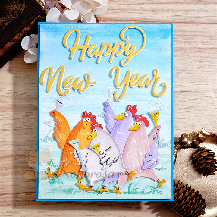 Kokorosa Metal Cutting Dies with Cheering Chicken and 'Happy New Year' Words