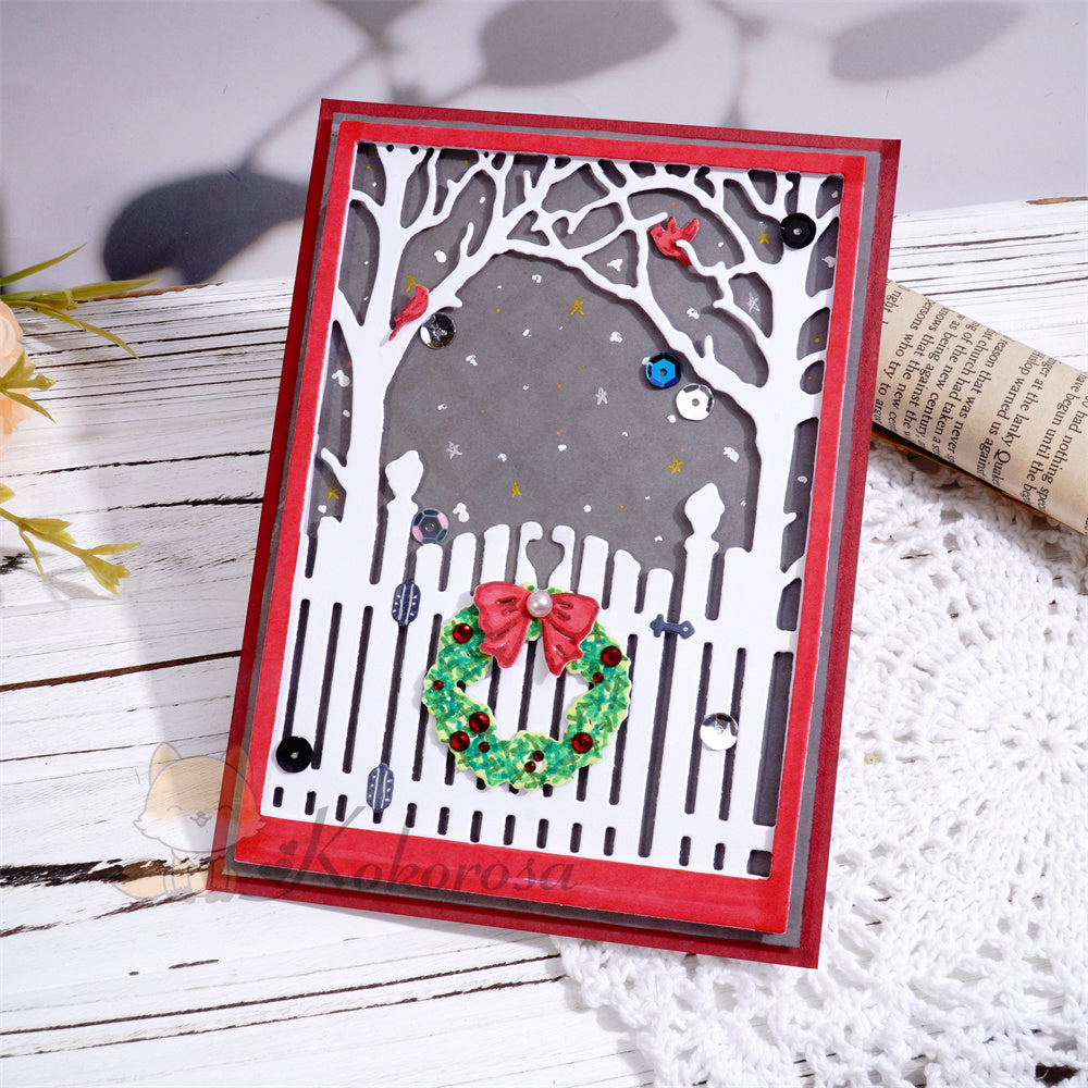 Kokorosa Metal Cutting Dies with Christmas Fence Door and Tree Background Board