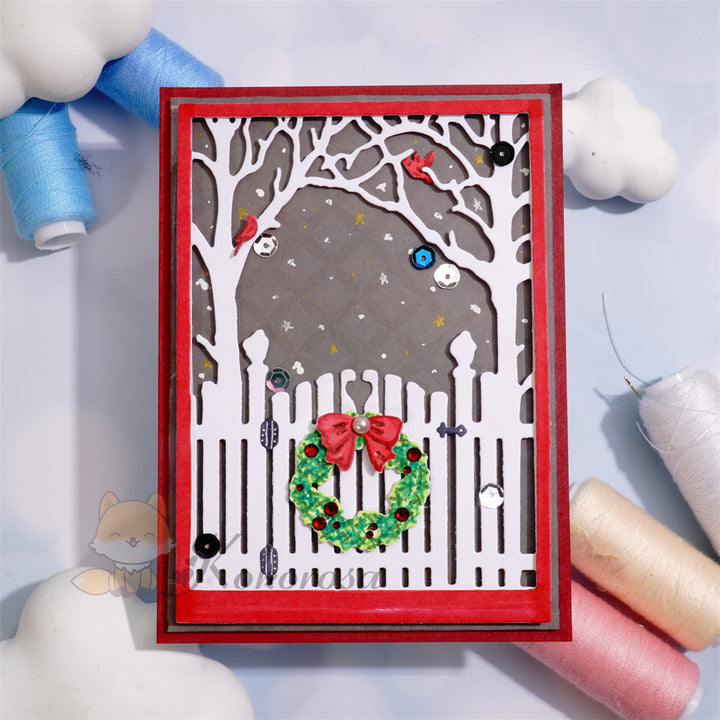 Kokorosa Metal Cutting Dies with Christmas Fence Door and Tree Background Board