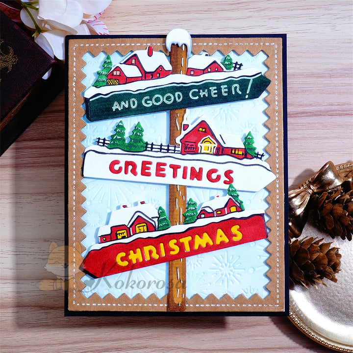 Kokorosa Metal Cutting Dies with 'Christmas Greeting and Good Cheer' House Road Sign