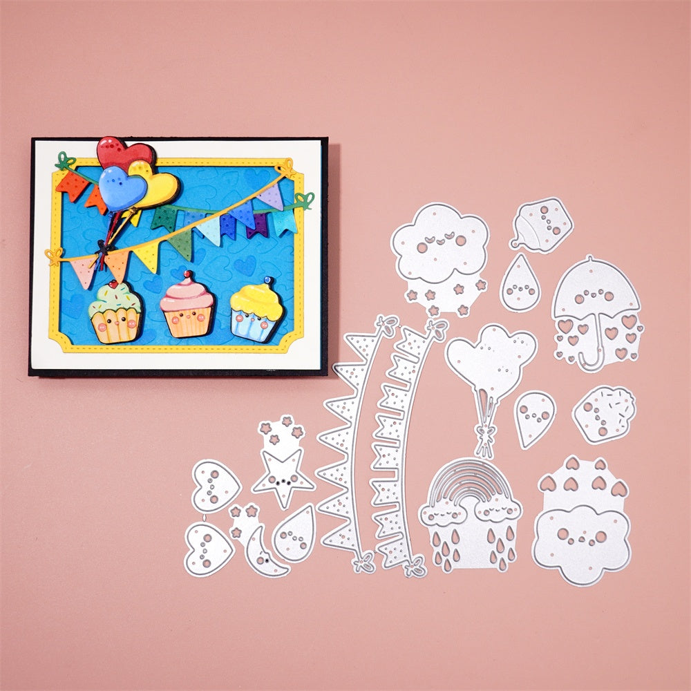 Kokorosa Metal Cutting Dies with Flag, Cake, Cloud, Raindrop, Rainbow, Balloons Set