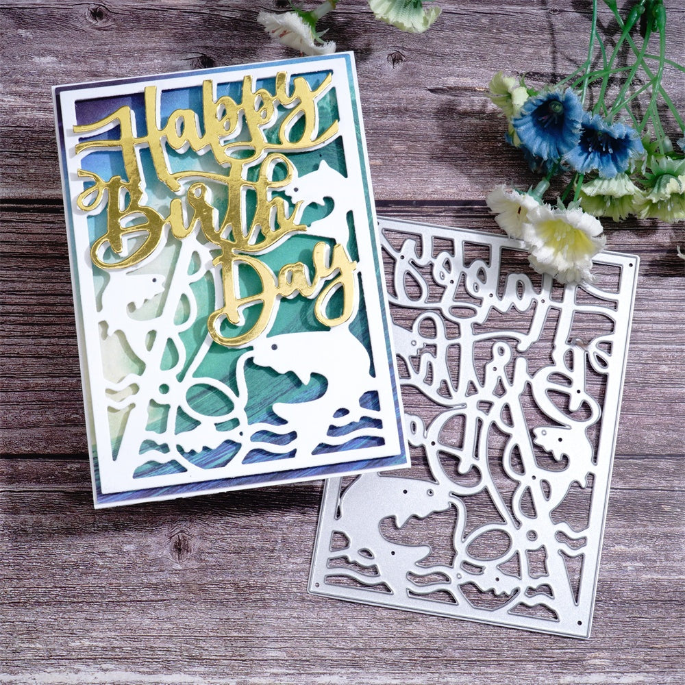 Kokorosa Metal Cutting Dies with Fish Says Happy Birthday Background Board